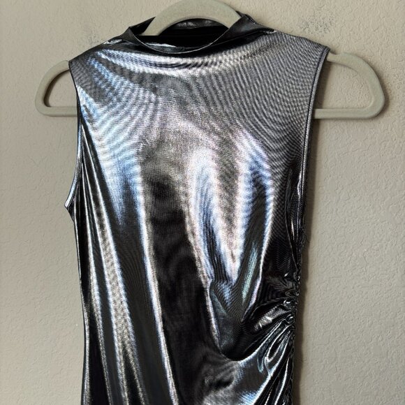 NEW Micas High Neck Metallic Ruched Midi Dress NYE - Picture 2 of 10
